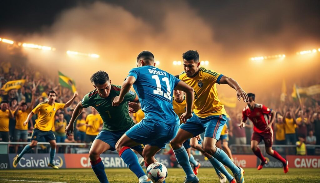 A tense, high-intensity football match between two fierce rivals in the Brazilian league. The foreground shows the players, their faces etched with determination, as they clash on the pitch, the ball a blur in the middle of the action. The midground captures the roaring crowd, their faces a mix of passion and rivalry, waving flags and banners in the team colors. The background is a hazy, atmospheric stadium, with the floodlights casting a warm, dramatic glow over the entire scene, heightening the dramatic tension. The lighting is bold and dramatic, creating strong shadows and highlights that accentuate the physicality of the players' movements. The camera angle is low, putting the viewer right in the heart of the action, immersed in the fierce rivalry of Brazilian football.