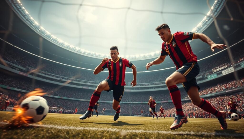 A thrilling moment during the historic Flamengo vs São Cristóvão match, captured in a dynamic and visceral image. In the foreground, a Flamengo player, clad in the team's iconic red and black jersey, triumphantly attacks the goal, his powerful strike creating a blur of motion. The imposing figure of the Rolo Compressor, Flamengo's legendary striker, dominates the midfield, his imposing presence and determined expression conveying the team's relentless offensive. In the background, the majestic Maracanã stadium stands tall, its grandstands filled with passionate fans, their roars and cheers amplifying the electric atmosphere of this historic goal-fest. The lighting is sharp and dramatic, casting deep shadows and highlighting the intensity of the moment, while the camera's angle captures the action from a unique, immersive perspective, putting the viewer right in the heart of the iconic Flamengo onslaught.