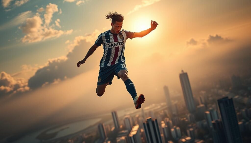 A towering figure in a Santos jersey, Neymar, rises above the cityscape, his skills on full display. Sunlight filters through wispy clouds, casting a warm glow on the scene. The background blurs into a hazy metropolis, signifying his meteoric rise from his humble beginnings to global stardom. Dramatic camera angles capture the dynamic movement, highlighting Neymar's agility and flair. The atmosphere exudes a sense of triumph and destiny, foreshadowing his journey to conquer the world of football.