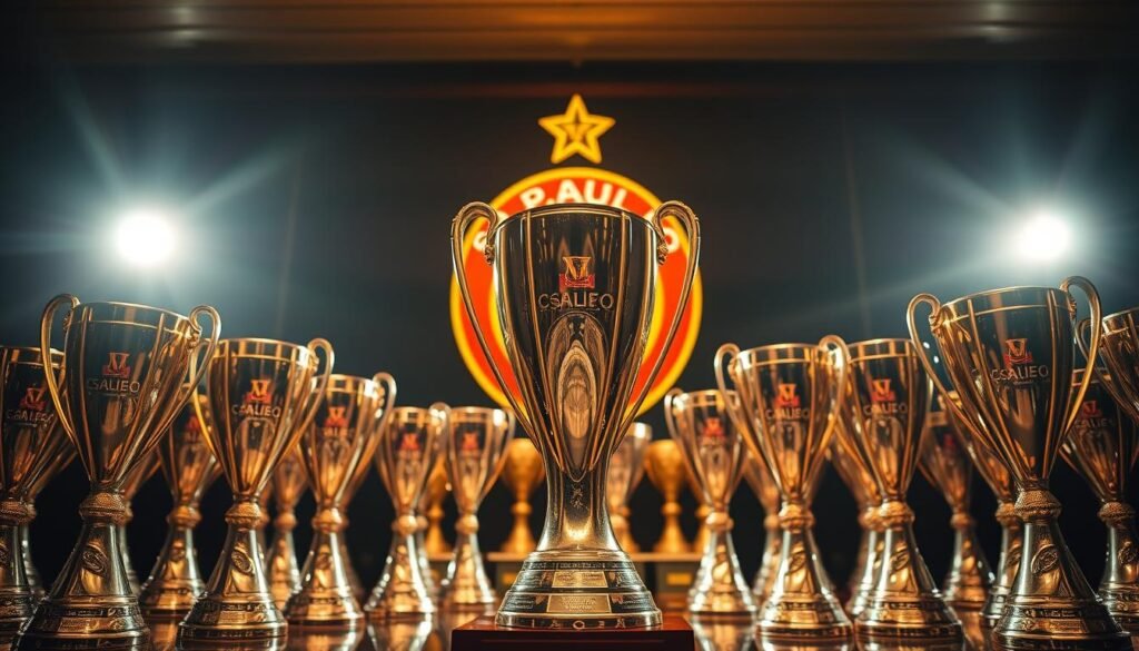 A trophy room showcasing the impressive international titles won by the São Paulo FC, the renowned Brazilian football club. The foreground features a carefully arranged display of shimmering trophies and cups, crafted with intricate details that capture the essence of the club's storied history. The middle ground showcases the club's vibrant colors and crest, reflected in the polished surfaces of the trophies. The background sets the scene with a dimly lit, elegant interior, highlighting the prestigious nature of these accolades. The lighting is warm and dramatic, casting a golden glow that enhances the trophy's luster and the sense of accomplishment. The overall composition conveys the club's unwavering dedication to excellence and their status as a true powerhouse in the world of football.