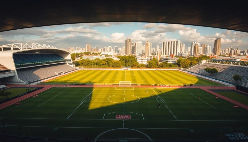 A vast, modern sports complex situated in the heart of São Paulo, Brazil. The iconic Estádio do Morumbi stadium dominates the foreground, its sleek concrete and glass façade reflecting the vibrant energy of the city. In the middle ground, lush green fields stretch out, where young footballers train and hone their skills, their dreams of playing for the legendary São Paulo FC taking shape. The background is a skyline of towering skyscrapers, a testament to the city's rapid development and the club's place at the center of the local community. The scene is illuminated by warm, golden light, casting a sense of possibility and ambition over the entire landscape, capturing the essence of the promising young talents that call this place home.