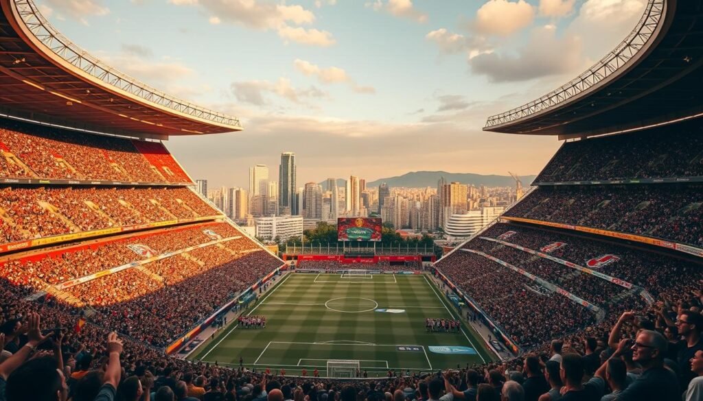 A vibrant and historic football stadium, its iconic tricolor façade reflecting the rich legacy of São Paulo FC. In the foreground, a dynamic crowd of passionate fans cheering on their team, their energy palpable. The middle ground features a carefully manicured pitch, where legendary players have etched their names in the club's storied history. In the background, the city skyline serves as a backdrop, a testament to the deep-rooted connection between the team and its community. Warm, golden lighting illuminates the scene, evoking a sense of nostalgia and pride. The overall composition conveys the club's unwavering spirit, the triumph and tribulations that have shaped its remarkable journey.