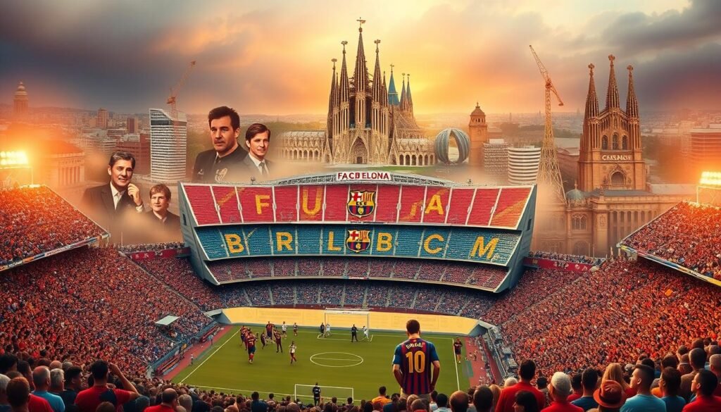 A vibrant and majestic scene showcasing the storied history of FC Barcelona. In the foreground, the iconic Camp Nou stadium stands tall, its grandeur captured in warm, golden lighting. Surrounding the stadium, a bustling crowd of passionate fans in the club's signature colors of red and blue, their energy and enthusiasm palpable. In the middle ground, a montage of legendary players from eras past, their portraits etched in sepia tones, a testament to the club's rich legacy. In the background, a swirling backdrop of Catalan architectural landmarks, including the iconic Sagrada Familia, bathed in a soft, dreamlike hue, evoking the deep-rooted cultural heritage of Barcelona. The overall composition conveys a sense of timelessness, where past and present converge to celebrate the enduring spirit and tradition of this revered football institution.