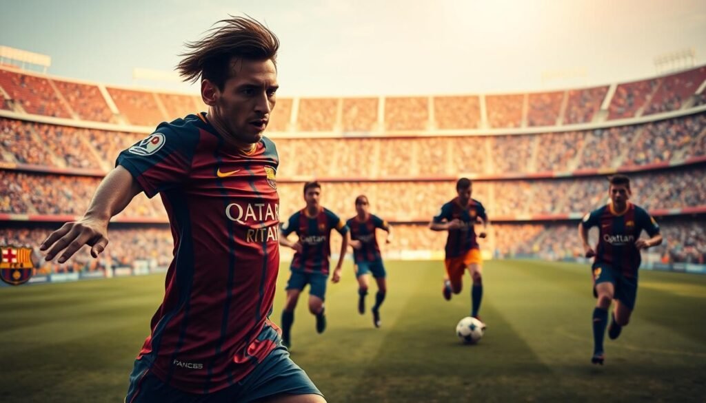 A vibrant, cinematic image depicting the "Golden Age" of Barcelona football. In the foreground, a close-up of Lionel Messi in his prime, mid-dribble, his intense focus and skill radiating from the frame. The middle ground features his legendary teammates in action, weaving a mesmerizing tapestry of passing and movement. The background showcases the iconic Camp Nou stadium, its grandstand seats filled with a sea of passionate supporters, creating an electric atmosphere. Warm, golden lighting bathes the scene, evoking the glorious era of Barça's dominance. The composition is dynamic, capturing the grace and power of the players as they orchestrate their intricate, possession-based game. An image that transports the viewer to the height of Barcelona's footballing excellence.