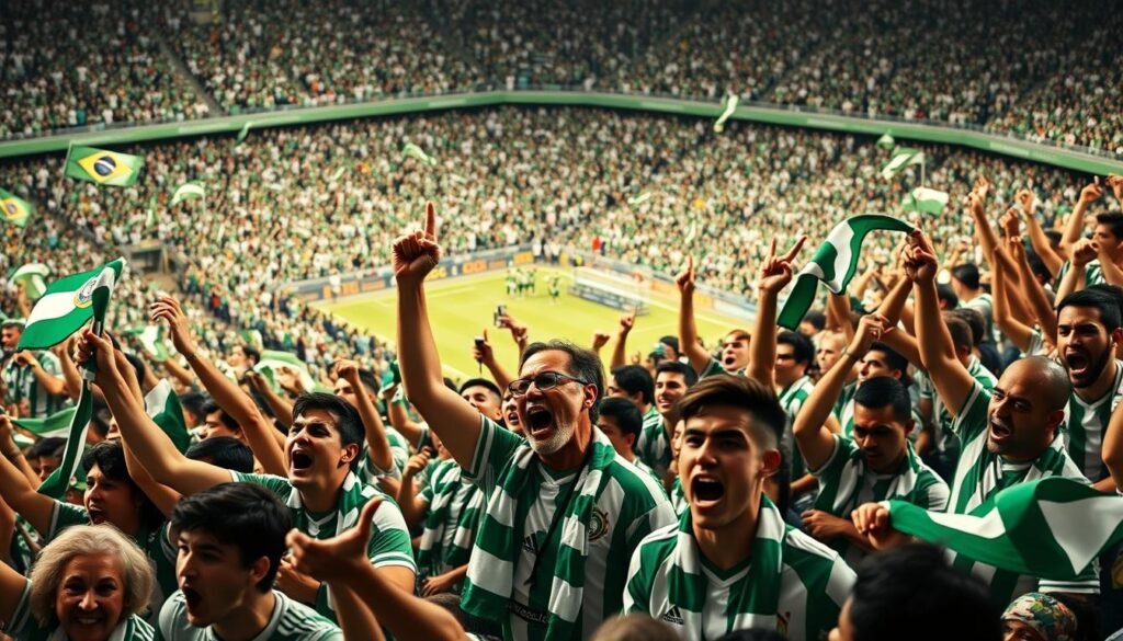 A vibrant crowd of passionate Palmeiras supporters, their green and white colors filling the stadium. In the foreground, a sea of waving banners and scarves, cries of triumph echoing through the stands. Amid the excitement, a group of dedicated fans lead the chanting, their expressive faces and gestures conveying the rich history and significance of these time-honored traditions. In the middle ground, the players take the field, their determined expressions mirroring the unwavering spirit of their devoted supporters. The background is a blur of motion, capturing the electric atmosphere of a Palmeiras match, where the power of the collective voice shapes the narrative of the game. Soft, warm lighting illuminates the scene, evoking a sense of timelessness and the enduring legacy of these iconic chants.