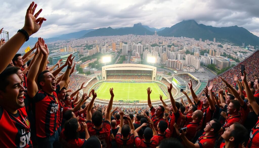 A vibrant panorama of Flamengo's cultural impact on football, captured with a cinematic wide-angle lens. In the foreground, passionate fans in red and black jerseys erupt in jubilant celebration, their faces alight with the thrill of victory. The middle ground features the iconic Maracanã stadium, its grand architecture and floodlights casting a warm glow over the scene. In the background, the city of Rio de Janeiro sprawls, its distinctive landmarks and bustling energy reflecting the club's deep roots in the cultural fabric of the nation. The overall composition conveys the sense of a moment frozen in time, a testament to the enduring magic and legacy of Flamengo's most memorable matches.