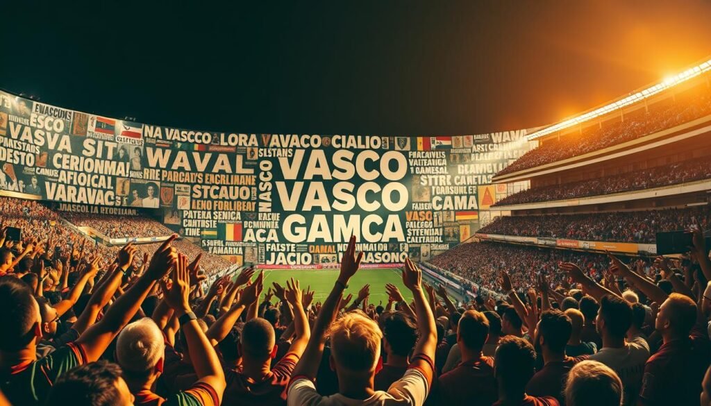 A vibrant panorama of Vasco da Gama's storied chants, depicted in a lush, mural-like composition. In the foreground, a passionate crowd raises their voices in unison, the fabric of their banners and jerseys billowing with energy. The middle ground features a collage of iconic chant lyrics, their bold typography intertwined with symbolic imagery representing Vasco's rich history and cultural heritage. In the background, a sprawling stadium rises, its grandstand and terraces filled with the echoes of generations of devoted fans. Warm, golden lighting casts a celebratory glow, capturing the festive atmosphere that permeates the scene. The overall composition conveys the deep-rooted, multi-layered nature of Vasco's chanting traditions, a tapestry of passion, pride, and collective identity.