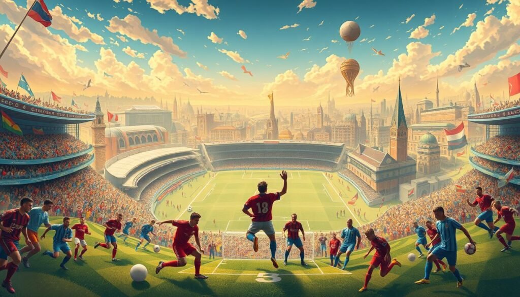 A vibrant, panoramic illustration of the rich history of football, capturing its global impact and enduring legacy. In the foreground, a spectacle of iconic players, uniforms, and equipment from different eras, frozen in a dynamic, action-packed scene. The middle ground features a tapestry of diverse stadiums, from grand historic arenas to modern architectural marvels, symbolizing the sport's evolution. In the background, a sweeping, impressionistic landscape of cultural influences, from national flags to symbolic landmarks, conveying the deep-rooted connections between football and the human experience. Illuminated by a warm, golden light that imparts a sense of nostalgia and timelessness, the scene evokes the passion, drama, and enduring allure of the beautiful game.