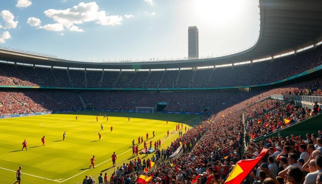 A vibrant soccer stadium in Rio de Janeiro, Brazil, during the historic Campeonato Carioca tournament. The iconic Maracanã stadium stands tall in the background, its massive concrete structure casting dramatic shadows across the sun-drenched pitch. Thousands of passionate fans adorned in the colors of their favorite clubs fill the stands, waving flags and banners as the players take the field. The action on the pitch is intense, with skilled dribbles, powerful shots, and nail-biting moments of tension. The atmosphere is electric, capturing the rich history and cultural significance of this beloved regional championship that has shaped the careers of so many legendary Flamengo managers.