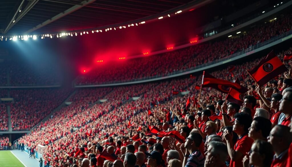 A vibrant stadium fills the frame, with passionate Flamengo supporters singing in unison, their red and black flags waving vibrantly. The crowd's energy and devotion are palpable, captured in a wide, cinematic shot that showcases the massive scale of the terrace. Dramatic lighting casts dramatic shadows, highlighting the faces of the jubilant fans as they pour their hearts into each chant. The scene evokes the electric atmosphere of a Flamengo match, the fans' unwavering love for their club radiating through the image.