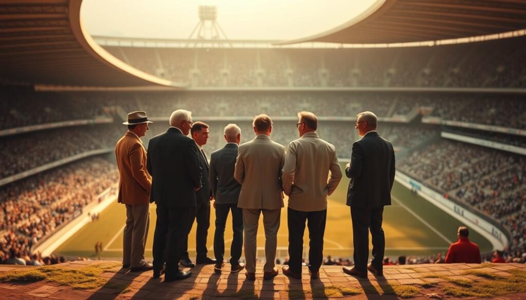 A vintage football stadium with spectators in the stands, overlooking the pitch where a group of historic Vasco da Gama football coaches are standing in a line, engaged in discussion. The coaches are dressed in period-appropriate attire, ranging from classic suits to more casual outfits, reflecting the different eras they coached the team. The lighting is warm and golden, creating a nostalgic atmosphere, and the background is blurred, placing the focus on the coaches and the historic context. The composition is balanced, with the coaches positioned centrally, surrounded by the stadium's architectural details.