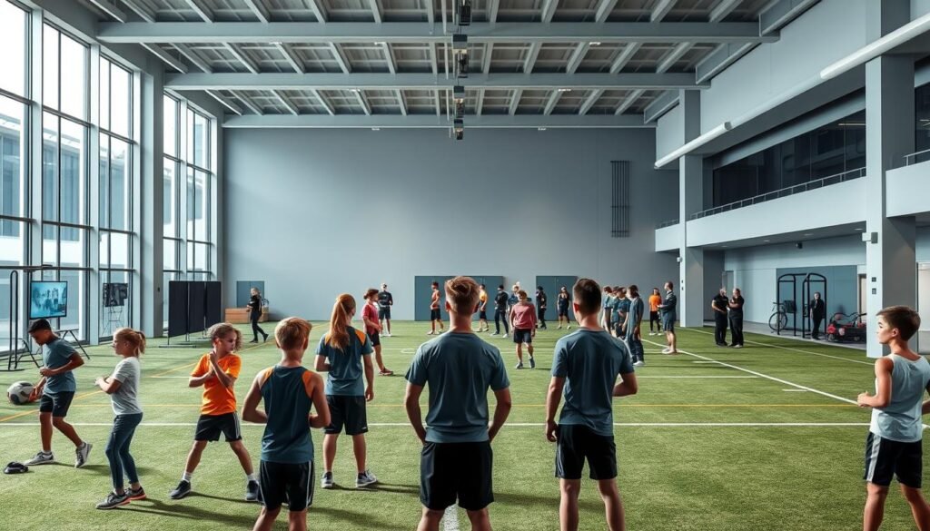 A well-lit interior scene of a modern training facility for young talents, featuring a large open space with high ceilings, large windows, and sleek, minimalist design elements. In the foreground, a group of young athletes, dressed in athletic wear, are engaged in various training activities, such as stretching, strength training, and agility drills. The middle ground showcases state-of-the-art equipment and technology, including video analysis stations, sports science labs, and recovery zones. In the background, a team of coaches and support staff oversee the training, providing guidance and encouragement. The overall atmosphere conveys a sense of focus, dedication, and the promise of future success for these talented young individuals.