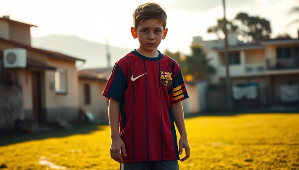 A young Lionel Messi, still in his formative years, stands on a sun-dappled soccer pitch, his gaze focused and determined. The scene captures the humble beginnings of his illustrious career, with a ball at his feet and a sense of boundless potential. The background depicts a small, vibrant neighborhood, hinting at the close-knit community that nurtured his early talents. Soft, warm lighting casts a nostalgic glow, evoking the sense of a pivotal moment in time, where a future legend first set out on his journey to greatness. The overall composition conveys the spirit of Messi's rise, the camaraderie and support that shaped his path, and the pure joy of the beautiful game.