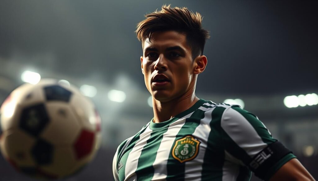 A young Palmeiras player in their prime, muscles tense, locked in intense focus as they dominate the pitch during a high-stakes match. The scene is captured with dramatic lighting, casting deep shadows that accentuate the player's determined expression. The background is blurred, drawing the viewer's eye to the central figure, whose every movement radiates power and athleticism. The camera angle is low, emphasizing the player's towering presence and command of the field. An aura of intensity and competitive spirit permeates the image, reflecting the high-pressure environment of a decisive game.