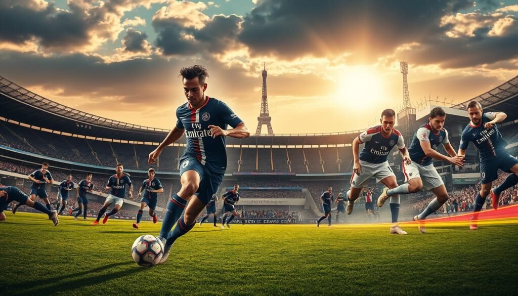 An artistically rendered panoramic landscape depicting the trajectory of Neymar's career at Paris Saint-Germain (PSG). In the foreground, a dynamic action shot of Neymar dribbling the ball amidst a flurry of opposing players, his face determined and focused. The middle ground showcases the iconic Parc des Princes stadium, its grandstand stands towering in the background. Dramatic lighting casts long shadows, creating a sense of movement and intensity. In the distance, a montage of Neymar's key moments at PSG - scoring goals, celebrating with teammates, and leading the team to victories. The overall scene conveys the highs and challenges of Neymar's journey at the club, set against the backdrop of the Parisian cityscape.