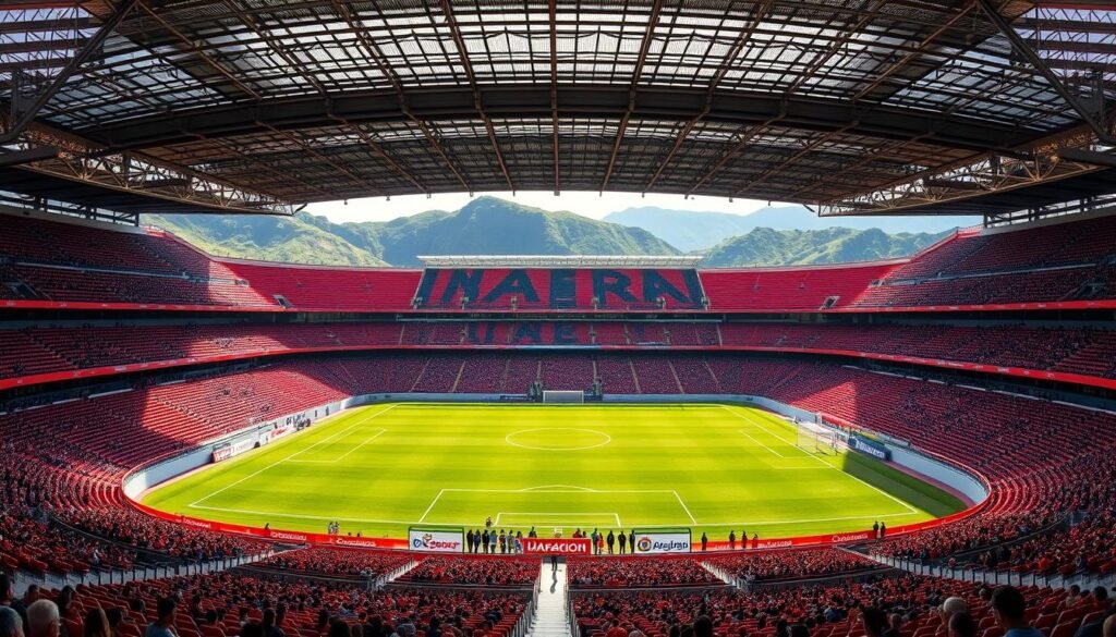 An elegant and historic football stadium, with its red and black colors proudly displayed on the grand facade. The Maracana, a legendary venue that has witnessed the triumphs of the Flamengo club, stands tall against a backdrop of lush, verdant hills. Sunlight streams through the open-air design, casting a warm glow over the terraced seating and meticulously maintained pitch. The atmosphere is one of tradition, passion, and the unwavering spirit of the Flamengo supporters, who have forged an unbreakable bond with their beloved team over the years. This image captures the essence of the Flamengo's storied history, a testament to the enduring legacy of one of Brazil's most iconic football clubs.
