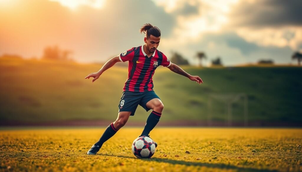 Crisp action shot of Neymar, a Brazilian professional footballer, expertly maneuvering a soccer ball on a lush, verdant pitch. Sunlight filters through clouds, casting warm, golden hues across the scene. Neymar's face is determined, his body poised with fluid grace as he dribbles the ball, showcasing the skills that made him a top player for Barcelona. The background blurs slightly, emphasizing the player's focus and the game's momentum. Subtle lines and shapes hint at the strategic "selection criteria" that guided Neymar's rise to prominence, captured in this dynamic, atmospheric composition.