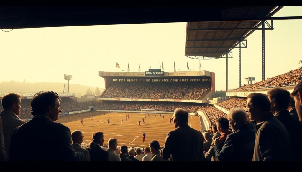 Detailed analysis of historic soccer matches, with players and stadiums rendered in a nostalgic, vintage style. A soft, warm lighting illuminates the scene, casting long shadows and highlighting the weathered textures of the old stadium. The perspective is slightly elevated, giving an overview of the pitch and stands. In the foreground, a group of fans watch intently, their faces and expressions conveying the passion and excitement of the game. The middle ground features the players in action, their movements captured with a sense of dynamism and energy. The background showcases the iconic architecture of the stadium, evoking a sense of history and tradition.