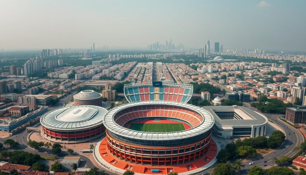 Evolução dos Estádios do Flamengo: Uma Jornada Visual Panoramic aerial view showcasing the evolution of Flamengo's home stadiums throughout the decades. In the foreground, the iconic Maracanã stadium stands majestically, its distinctive architectural features and retractable roof visible. In the middle ground, older venues like the Estádio das Laranjeiras and Estádio da Gávea seamlessly transition, each with their own unique character and history. The background gently fades into a hazy skyline, hinting at the club's storied past and promising future. Crisp lighting, a cinematic angle, and a sense of timeless grandeur capture the essence of Flamengo's evolving stadiums - the stages upon which their cherished triumphs have unfolded.