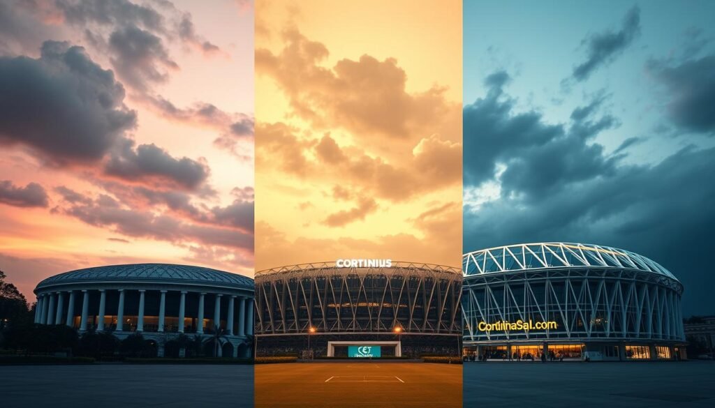 Evolução dos estádios do Corinthians: uma jornada visual através do tempo. Uma série de estruturas emblemáticas, cada uma refletindo o progresso do time e da época. No primeiro plano, o antigo Estádio Parque São Jorge, com sua arquitetura tradicional e atmosfera clássica. No meio, o moderno Estádio do Morumbi, imponente e elegante, símbolo da expansão e modernização do clube. E no plano de fundo, o impressionante Itaquerão, um verdadeiro templo do futebol, representando a evolução final dos espaços de jogo do Corinthians. Iluminação suave, com tons quentes e uma perspectiva que captura a magnitude dessa jornada através dos anos.