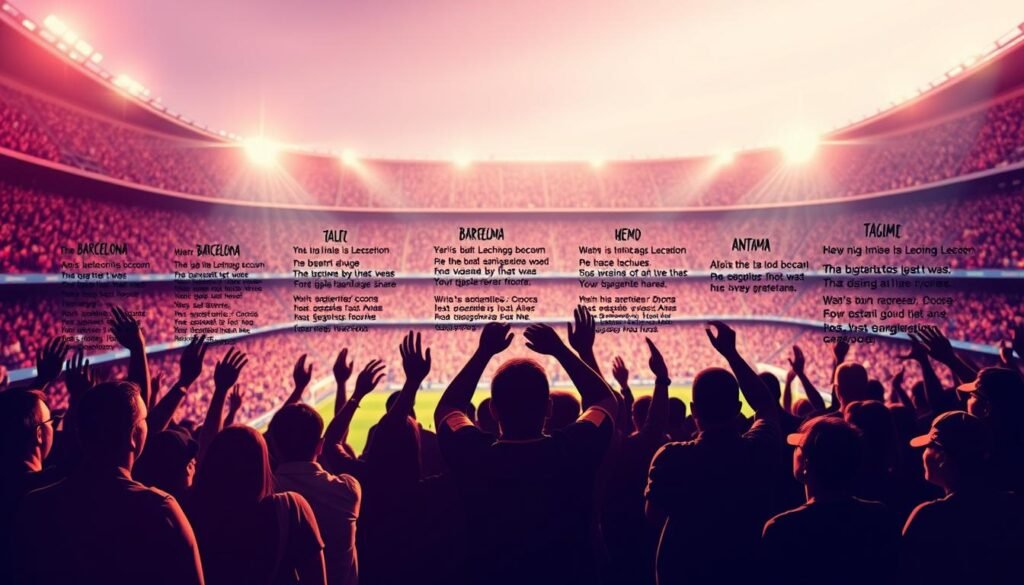 Evolution of FC Barcelona's Anthem Illustrations A visually captivating progression of Barcelona's iconic anthem, depicted through a series of hand-drawn illustrations. The foreground showcases the evolution of the anthem's lyrics and melodies, with each iteration represented by a distinct artistic style - from the vintage, hand-lettered aesthetics of the early iterations to the modern, digitally-rendered versions. The middle ground features silhouettes of passionate Barcelona fans, their hands raised in unison, their voices joining in the chorus. The background immerses the viewer in the vibrant atmosphere of the Camp Nou stadium, capturing the energy and emotion of the supporters as they sing the anthem that has resonated through generations. Soft lighting, a warm color palette, and a sense of motion and dynamism create a powerful, emotive visual representation of the "Explorando os cantos mais famosos da torcida do Barcelona".