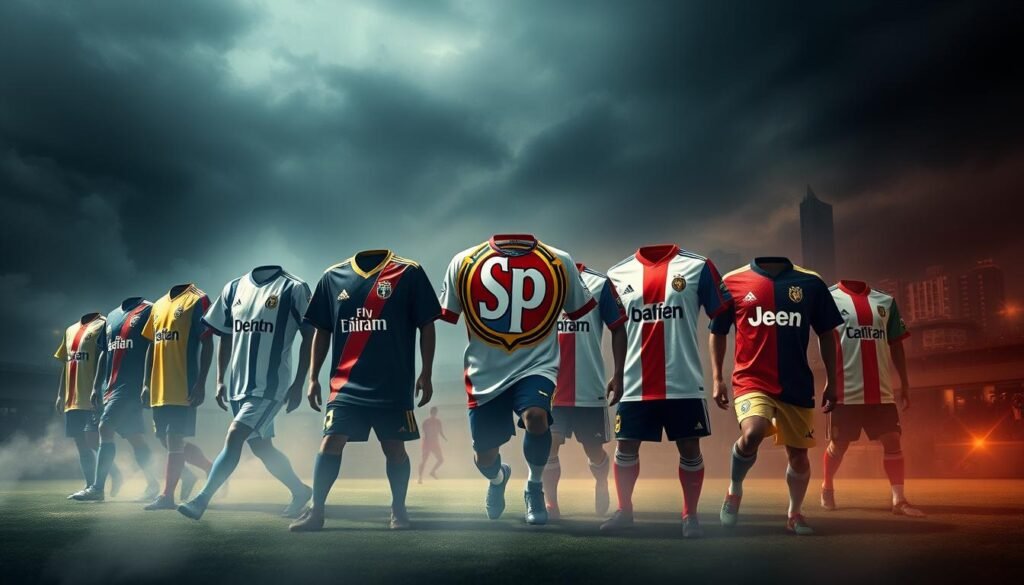 Historical evolution of São Paulo FC, showing the club's iconic jerseys and crests through the decades. A vibrant, atmospheric composition with a sense of movement and progression, capturing the spirit and heritage of one of Brazil's most storied football clubs. The foreground features a dynamic montage of jerseys and crests, with the middle ground showcasing key moments and achievements in the club's history. The background has a moody, cinematic quality, with dramatic lighting and a subtle, textured cityscape setting, hinting at the club's deep roots in the city of São Paulo. The overall impression is one of pride, tradition, and the continuous evolution of a beloved institution.