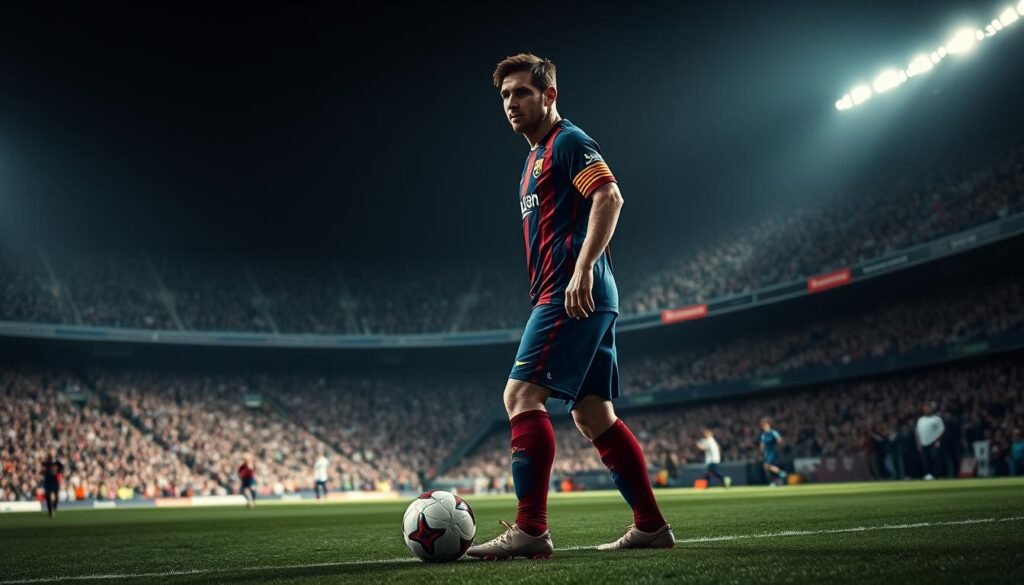 Lionel Messi in a decisive Champions League match, standing tall on the pitch, his eyes filled with determination. The floodlights cast a dramatic shadow, creating a chiaroscuro effect that accentuates his muscular frame. The stadium is packed with cheering fans, their roars echoing through the air, as Messi prepares to take the decisive shot. The ball is at his feet, the moment of truth, with the opposing team's defense closing in. The atmosphere is electric, the tension palpable, as the world watches this iconic player in a high-stakes clash.