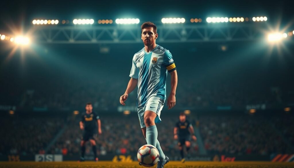Lionel Messi, the Argentine football maestro, stands poised on the pitch, his gaze fixed with intense focus. The stadium lights cast a warm, dramatic glow, illuminating the tension of a decisive match. Messi's lithe frame is captured in mid-stride, his signature low center of gravity propelling him forward with effortless grace. Surrounding him, the blurred silhouettes of his opponents create a sense of urgency, as Messi navigates the high-stakes battlefield of the game. The image conveys the palpable energy and anticipation of a crucial moment, where Messi's skill and determination will be put to the ultimate test.