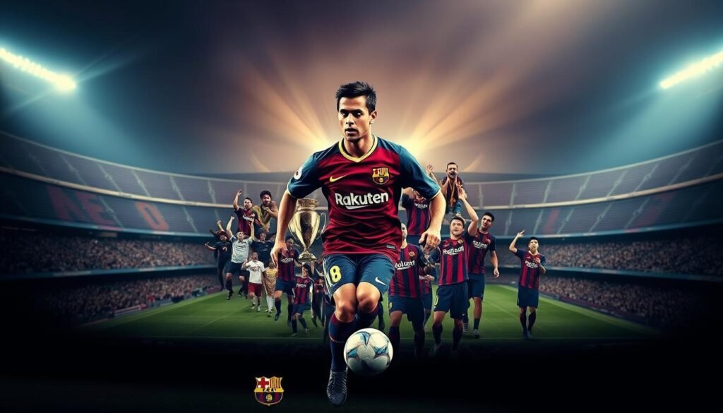 Neymar's career evolution at Barcelona, depicted in a cinematic frame. A young, dynamic Neymar in the foreground, dribbling with the ball, his expression focused and determined. In the middle ground, a collage of his key moments in a Barcelona shirt - scoring a goal, celebrating with teammates, lifting trophies. The background features the iconic Camp Nou stadium, its grandeur and history serving as a backdrop to Neymar's rise. The lighting is dramatic, casting shadows that accentuate the player's athleticism and the magnitude of his achievements. The overall scene conveys a sense of progress, growth, and the culmination of Neymar's journey with the Catalan giants.