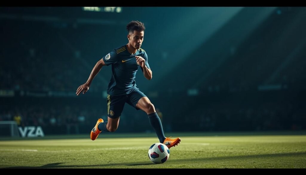 Neymar's career path, a visually striking scene showcasing the Brazilian football star's rise to greatness. A dynamic mid-shot captures Neymar in full motion, dribbling the ball with his signature flair and skill. The lighting is dramatic, casting shadows that accentuate his powerful physique and intense focus. The background is a blurred, out-of-focus stadium setting, suggesting the high-pressure environment of professional football. The overall tone is one of determination, ambition, and the unwavering pursuit of excellence that defines Neymar's career journey.