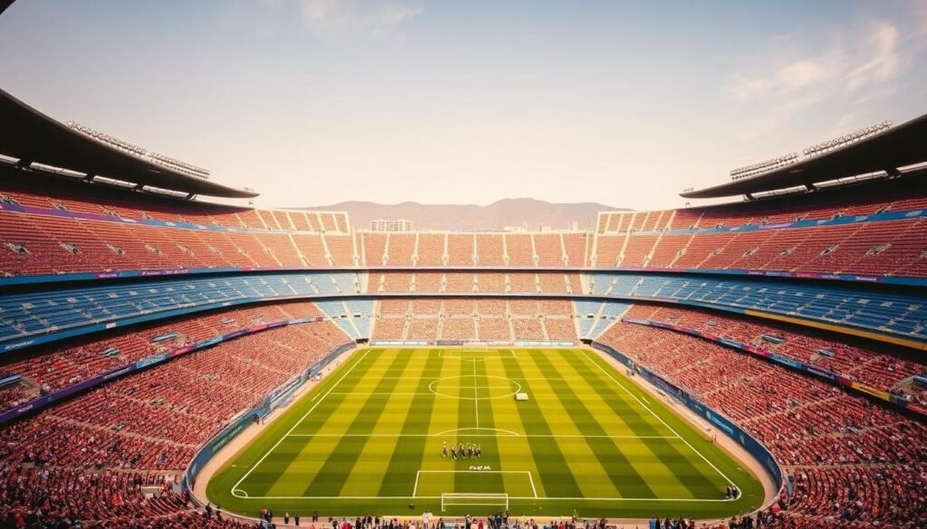 Prompt An establishing shot of the historic Camp Nou stadium, home of the legendary Barcelona Football Club. The iconic architecture with its towering grandstands and sweeping roofline dominates the foreground, bathed in warm golden sunlight. In the middle ground, the lush green pitch where countless victories have been won, surrounded by the vibrant energy of devoted fans. In the background, the bustling city of Barcelona nestled against the backdrop of the Catalan hills, a testament to the deep roots and rich cultural heritage that have shaped this beloved institution over generations.
