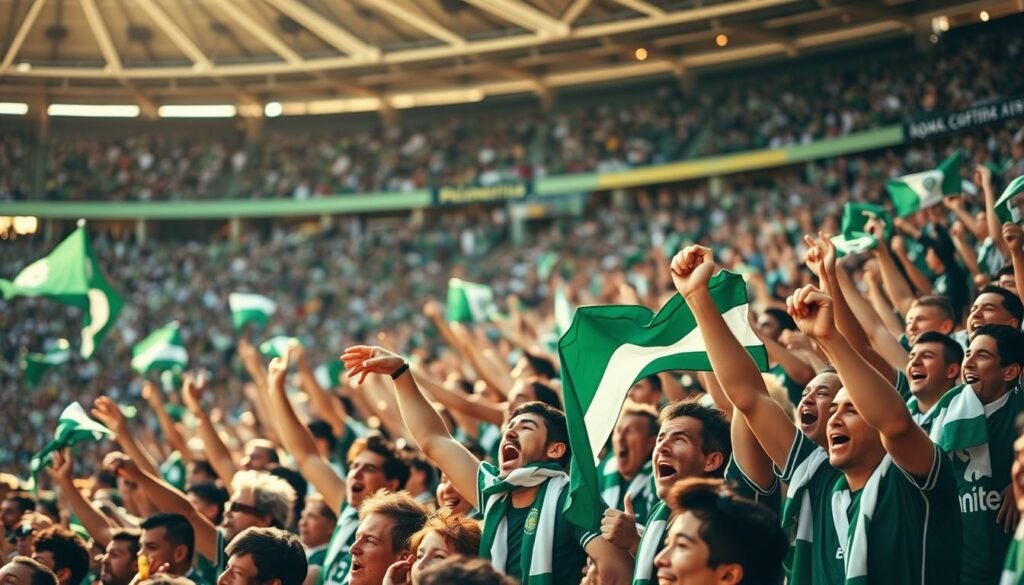 Vibrant crowd of enthusiastic Palmeiras supporters gathered in a stadium, erupting in a chorus of beloved chants and anthems. The dynamic foreground features passionate fans waving flags, scarves, and banners, their faces alight with joy and pride. In the middle ground, the stadium's iconic architecture frames the scene, conveying a sense of tradition and community. The background blurs into a sea of green and white, the colors of the beloved Palmeiras club. Warm, natural lighting creates a sense of energy and celebration, highlighting the fans' infectious spirit. The overall composition captures the essence of the Palmeiras supporters' unwavering devotion and the captivating atmosphere of their legendary "cantos populares".