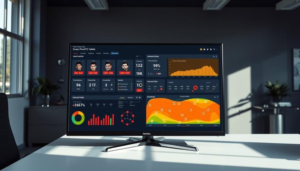 a high-quality, detailed image of a football performance analysis dashboard displayed on a large monitor screen, set against the backdrop of a modern, minimalist office environment. The dashboard showcases various statistical metrics, player profiles, and heat maps, providing a comprehensive overview of the young São Paulo FC talents' gameplay and potential. The lighting is bright and natural, creating a professional and analytical atmosphere. The camera angle is slightly elevated, giving a broad view of the workspace and the performance analysis tools. The overall composition emphasizes the importance of data-driven decision-making in the development of promising young footballers.