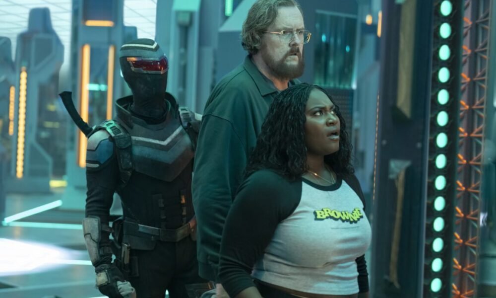 Vigilante, Economos and Adebayo stand in the extradimensional room on Peacemaker Season 2 Episode 6,