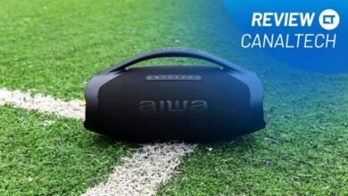 Aiwa Boombox Plus destacando-se pela potência sonora e versatilidade em caixas de som portáteis, ideal para quem busca qualidade de áudio em qualquer ambiente.