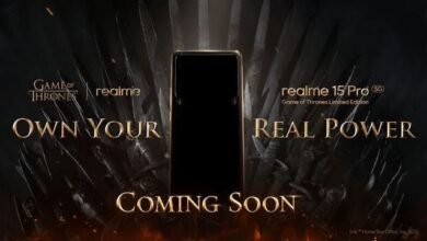 Imagem do smartphone Realme Edição Especial inspirada em Game of Thrones, apresentando design exclusivo e detalhes temáticos da série.
