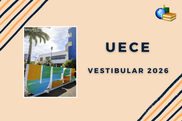 Campus da UECE em fundo laranja claro com listras coloridas. texto