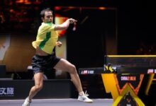 Bruna Takahashi e Hugo Calderano em uma das vitórias no China Smash (Foto: Divulgação/WTT)