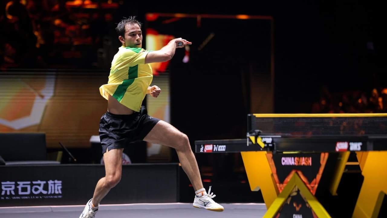 Bruna Takahashi e Hugo Calderano em uma das vitórias no China Smash (Foto: Divulgação/WTT)