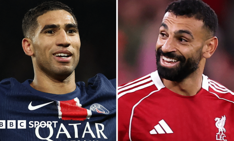 A split image shows Achraf Hakimi wearing a blue Paris St-Germain shirt and Mohamed Salah wearing a Liverpool shirt. Both men are pictured from the chest up and are smiling