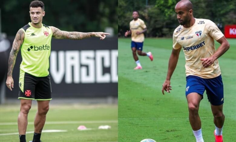 Vasco e São Paulo se enfrentam em um emocionante jogo de futebol, destacando jogadores experientes em campo.