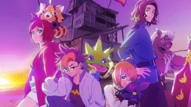 Cartaz de lançamento de Digimon Beatbreak no Crunchyroll com transmissão simultânea ao Japão, destacando os personagens principais do anime.
