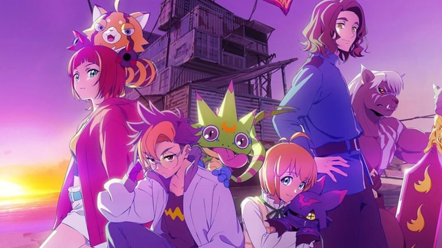 Cartaz de lançamento de Digimon Beatbreak no Crunchyroll com transmissão simultânea ao Japão, destacando os personagens principais do anime.