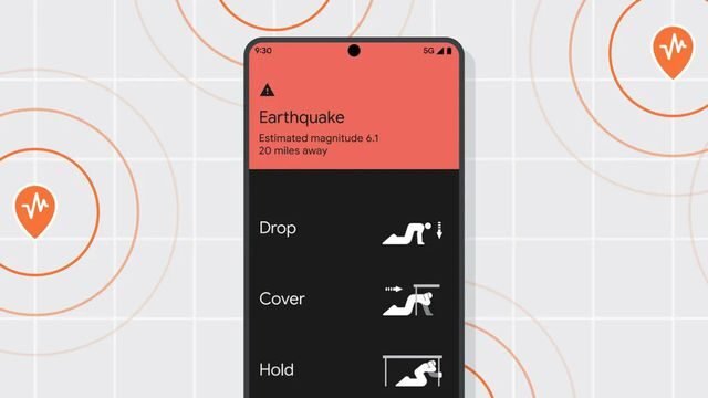 Imagem mostrando celulares Android conectados formando uma rede global de alertas de terremotos, graças ao sistema do Google.