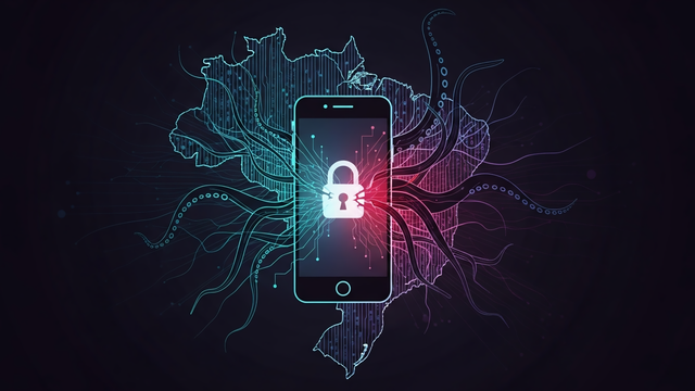 Ilustração de um novo malware que visa o Brasil, destacando o comprometimento de contas do Telegram X por ciberataques.