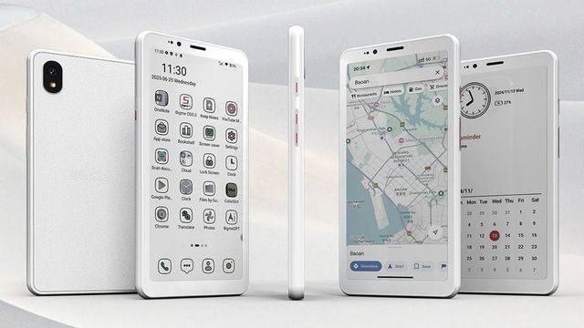 Smartphone Bigme HiBreak S com tela E-Ink colorida e conectividade 5G, destacando inovação tecnológica em design chinês.