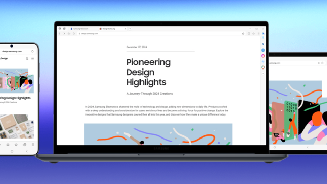 Interface do Samsung Internet para Windows mostrando integração avançada, disponível apenas em países selecionados.