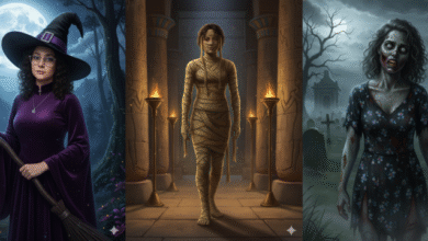 Foto de Halloween transformada com IA mostrando efeitos criativos do aplicativo Gemini, destacando abóboras, fantasmas e outros elementos assustadores.