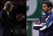 Imagem destacando o técnico Hernán Crespo comemorando vitória do São Paulo contra o Palmeiras em clássico, superando o técnico palmeirense Abel Ferreira.