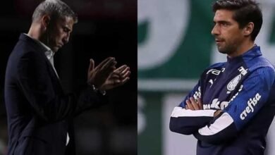 Imagem destacando o técnico Hernán Crespo comemorando vitória do São Paulo contra o Palmeiras em clássico, superando o técnico palmeirense Abel Ferreira.